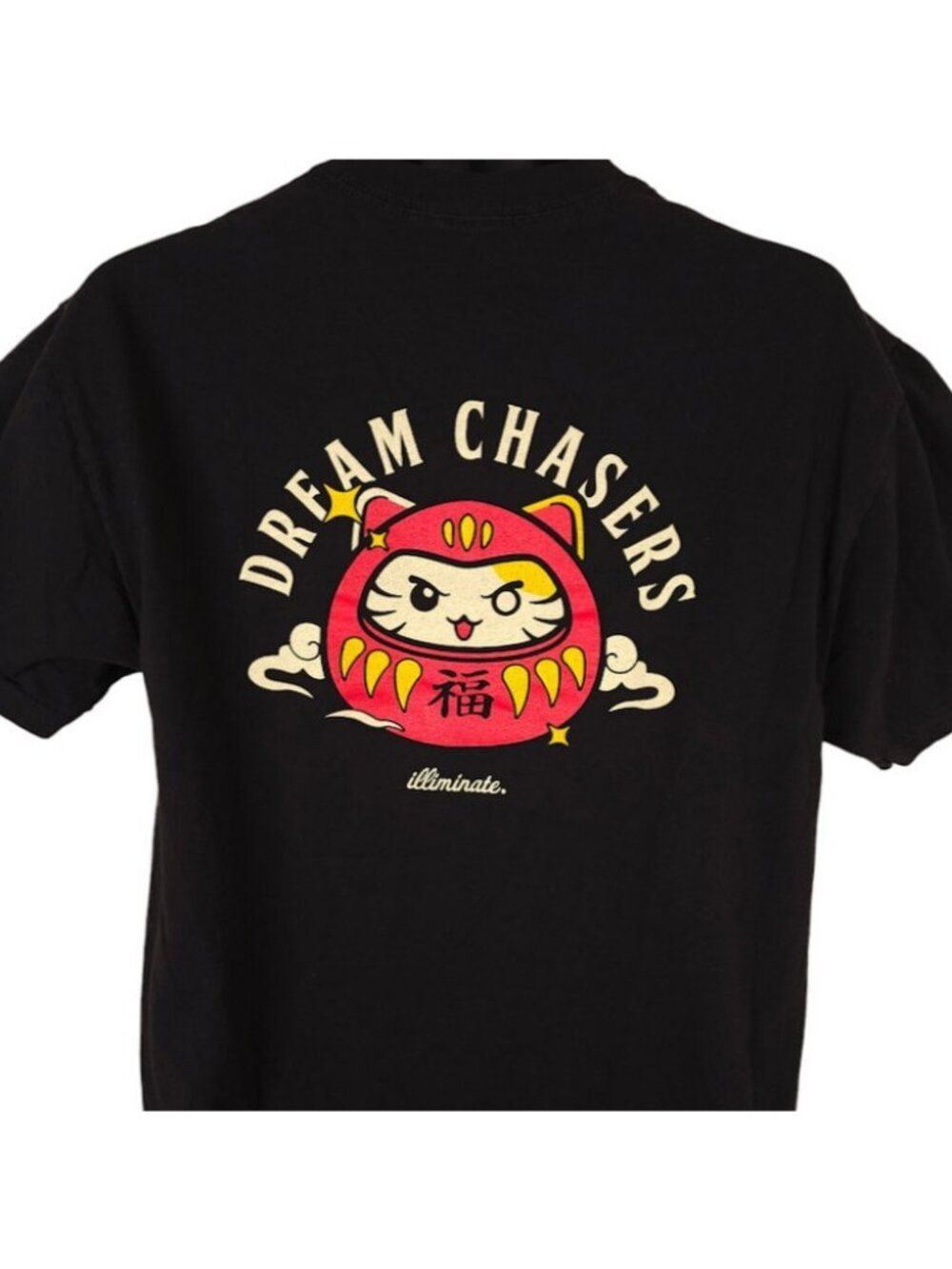Japanese Neko Daruma T Shirt Mens Size Large Black Kawaii Cat Dream Chasers
